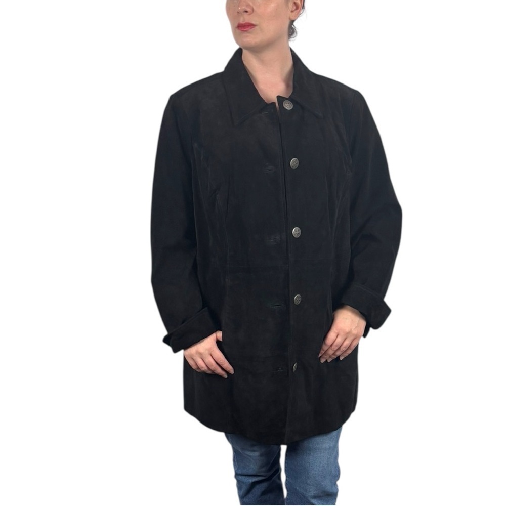 Y2K BLACK SUEDE LEATHER BUTTON DOWN COLLARED CAR COAT JACKET D & CO